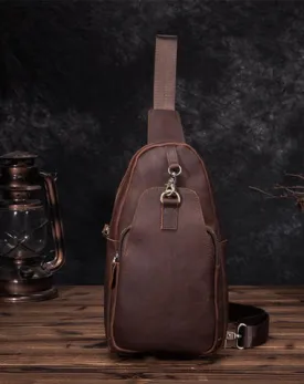 Badass Brown Leather Men's Sling Bag Chest Bag Vintage One shoulder Backpack For Men