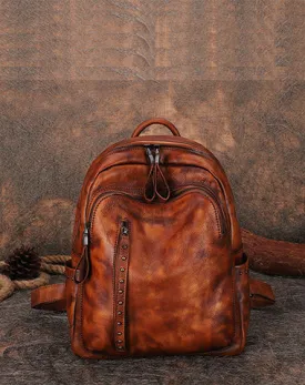 Best Brown Leather Rucksack Womens Vintage School Backpack With Rivet Leather Backpack Purse