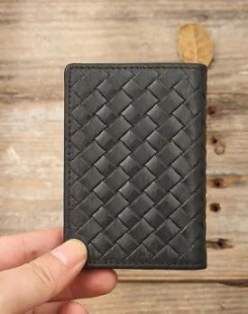 Black Braided Leather Mens Small Wallets Bifold Slim Front Pocket Wallet Card Holder for Men