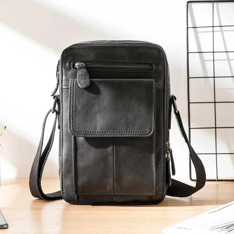 Black Casual Leather Mens Vertical Side Bag Black Messenger Bags Postman Bag Courier Bag for Men