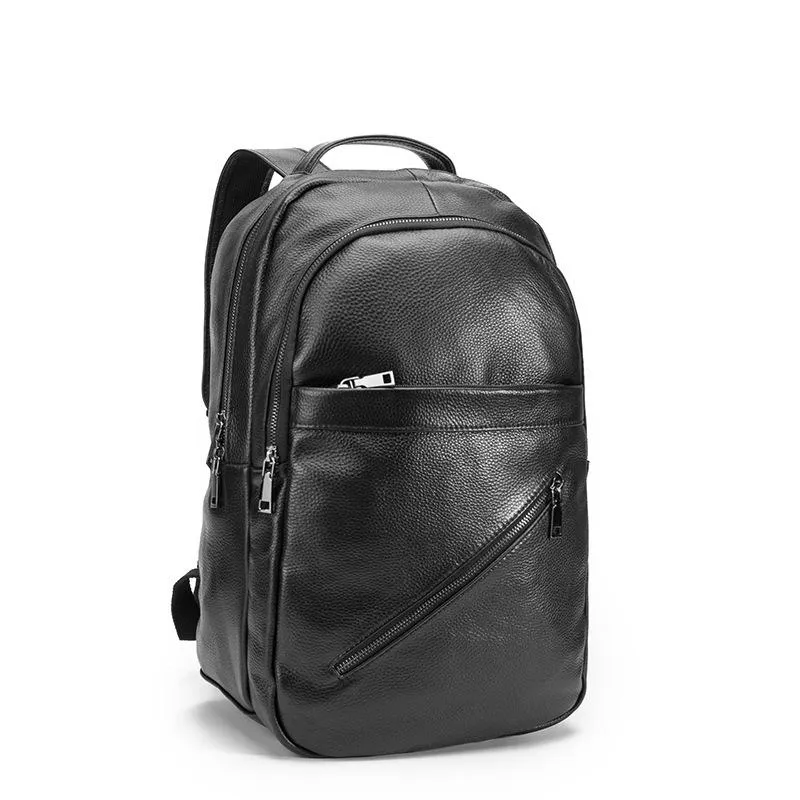 Black Cool Mens Leather College Backpack Laptop Backpack Black Travel Backpack for Men