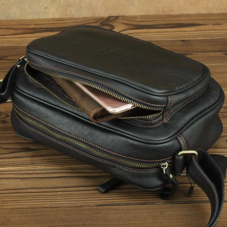 Black Fashion Leather Mens 10 inches Small Courier Bag Black Postman Bags Side Bag Messenger Bag For Men