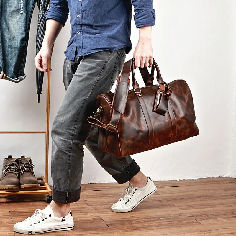 Black Leather Mens Casual Large Travel Bags Shoulder Weekender Bag Brown Duffle Bag For Men