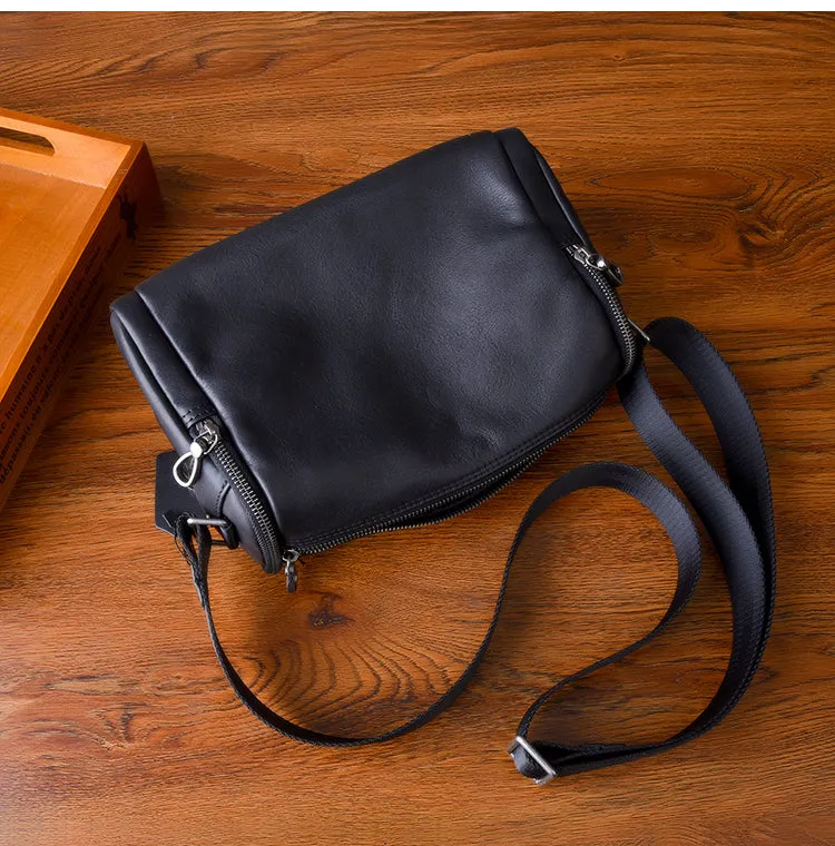 Black Leather Men's Small Barrel Side Bag Small Black Messenger Overnight Bag For Men