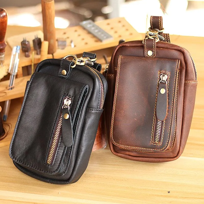 Black Vintage Leather Mens Belt Pouch Belt Bag Hip Pouch Waist Bags Dark Brown For Men