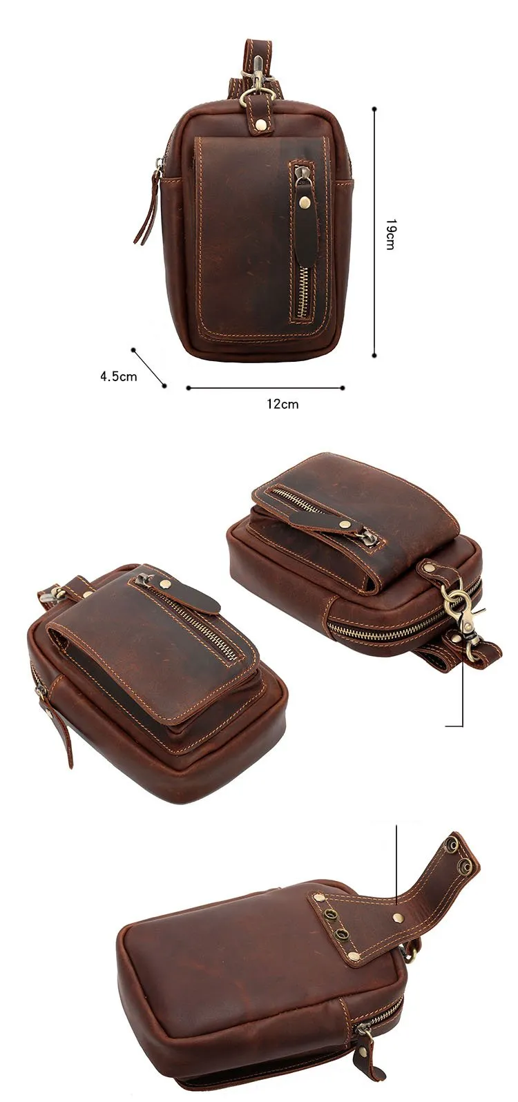 Black Vintage Leather Mens Belt Pouch Belt Bag Hip Pouch Waist Bags Dark Brown For Men