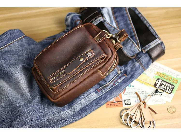 Black Vintage Leather Mens Belt Pouch Belt Bag Hip Pouch Waist Bags Dark Brown For Men