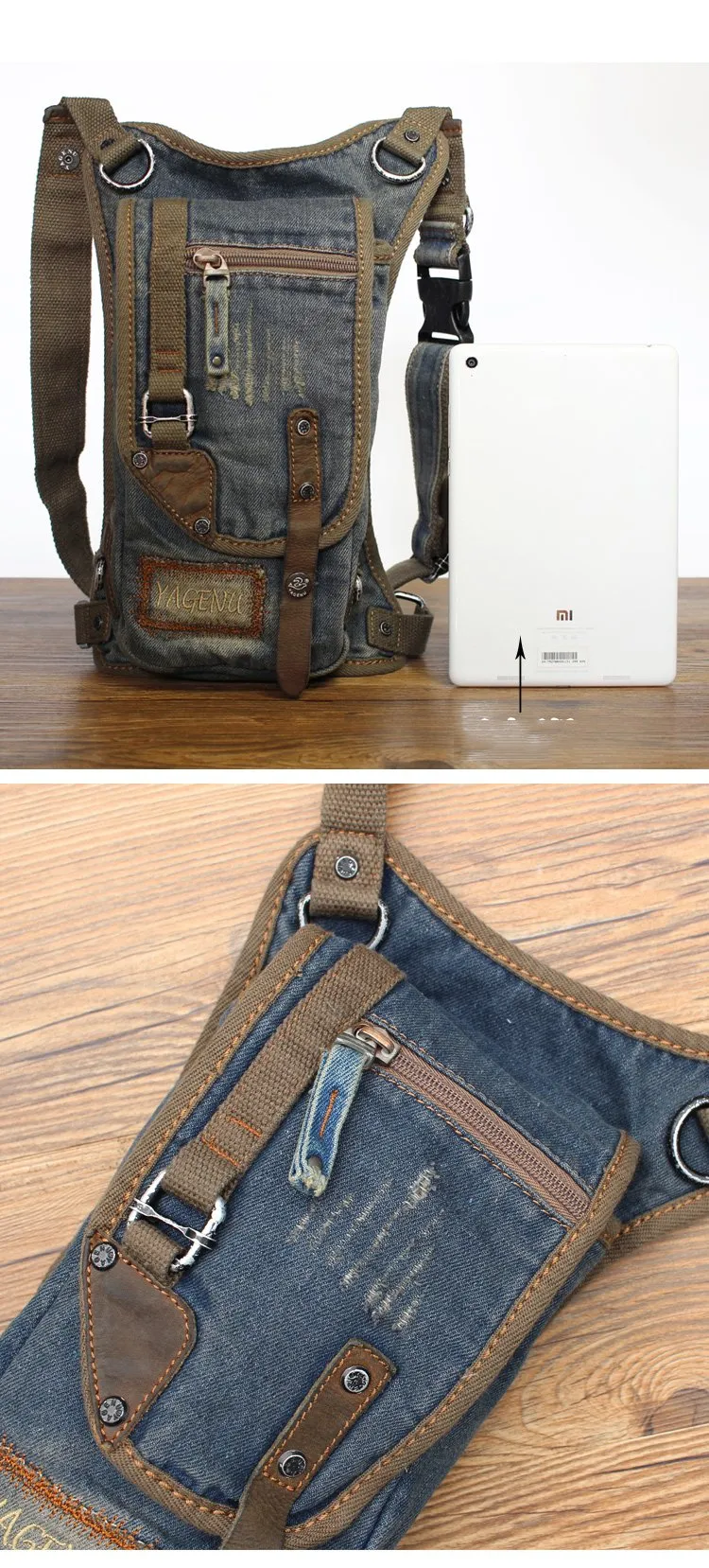 Blue Denim Canvas Mens Biker Waist Bag DropLeg Bag Belt Pouch Small Messenger Bag For Men