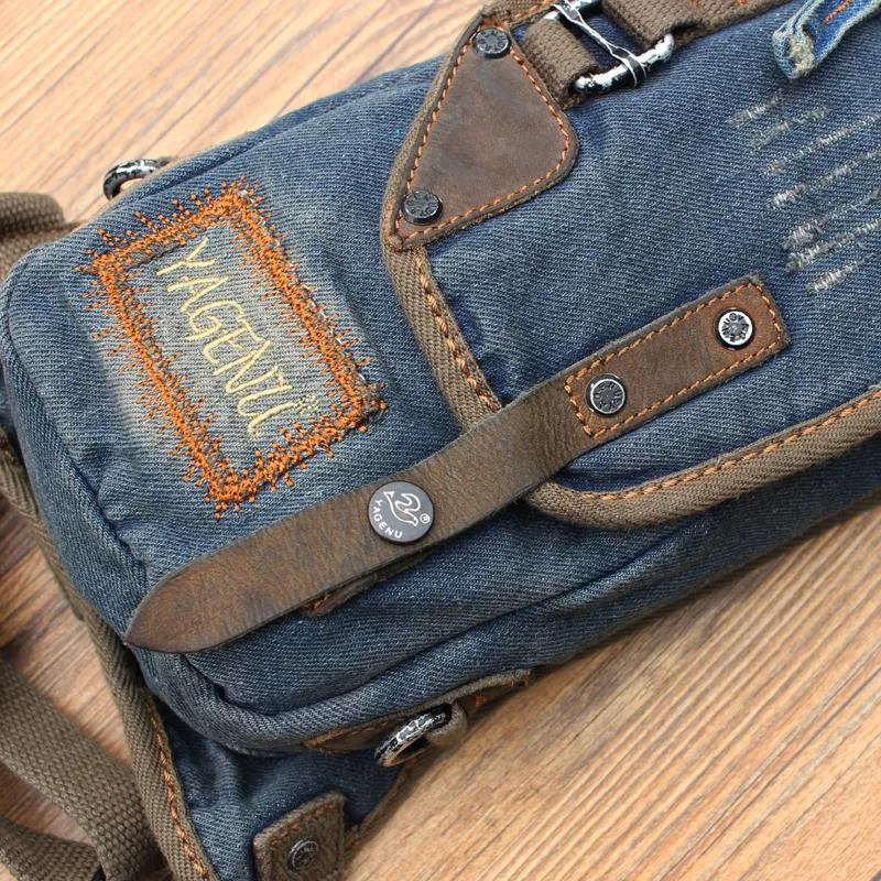 Blue Denim Canvas Mens Biker Waist Bag DropLeg Bag Belt Pouch Small Messenger Bag For Men