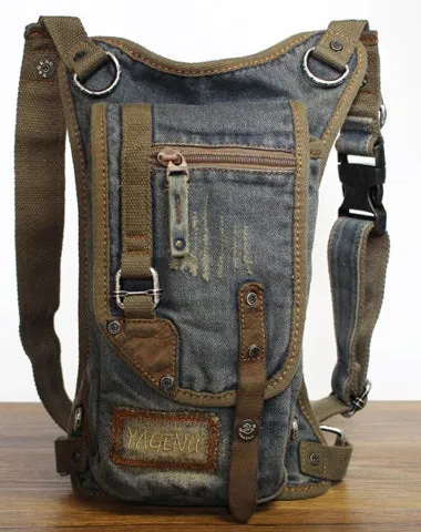 Blue Denim Canvas Mens Biker Waist Bag DropLeg Bag Belt Pouch Small Messenger Bag For Men