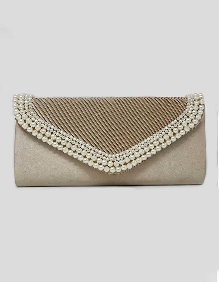 Champagne Evening Clutch With Pearl Embellishments