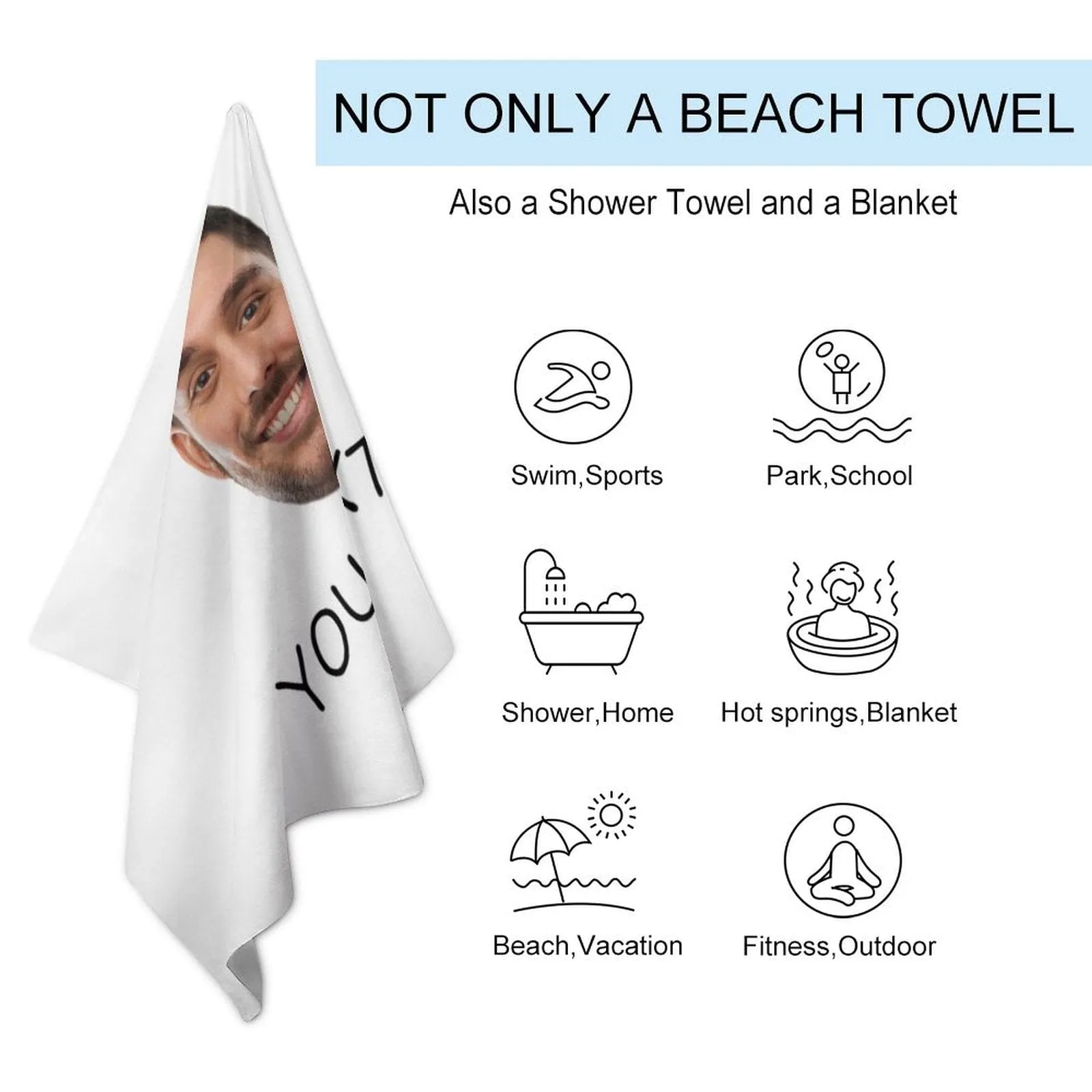 Custom Big Face & Text Beach Towel Quick-Dry, Sand-Free, Super Absorbent, Non-Fading, Beach&Bath Towel Beach Blanket Personalized Beach Towel Funny Selfie Gift