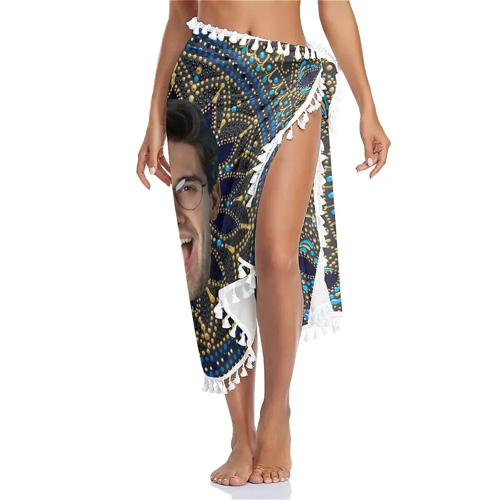 Custom Big Face Exotic Style Beach Wraps Chiffon Sarong Bikini Swimsuit Cover Ups Skirt Tassels