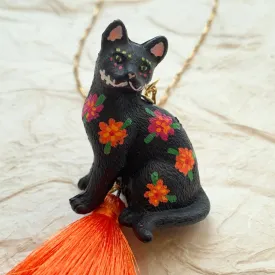 Day of the Dead Black Cat Pendant Necklace