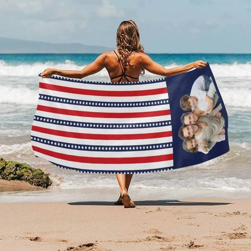 #Family Summer Travel Outfits-Custom Face Stars and Stripes Summer Travels Outfits Family Matching Swimsuit Bikini Set & Swim Trunks & Beach Towel