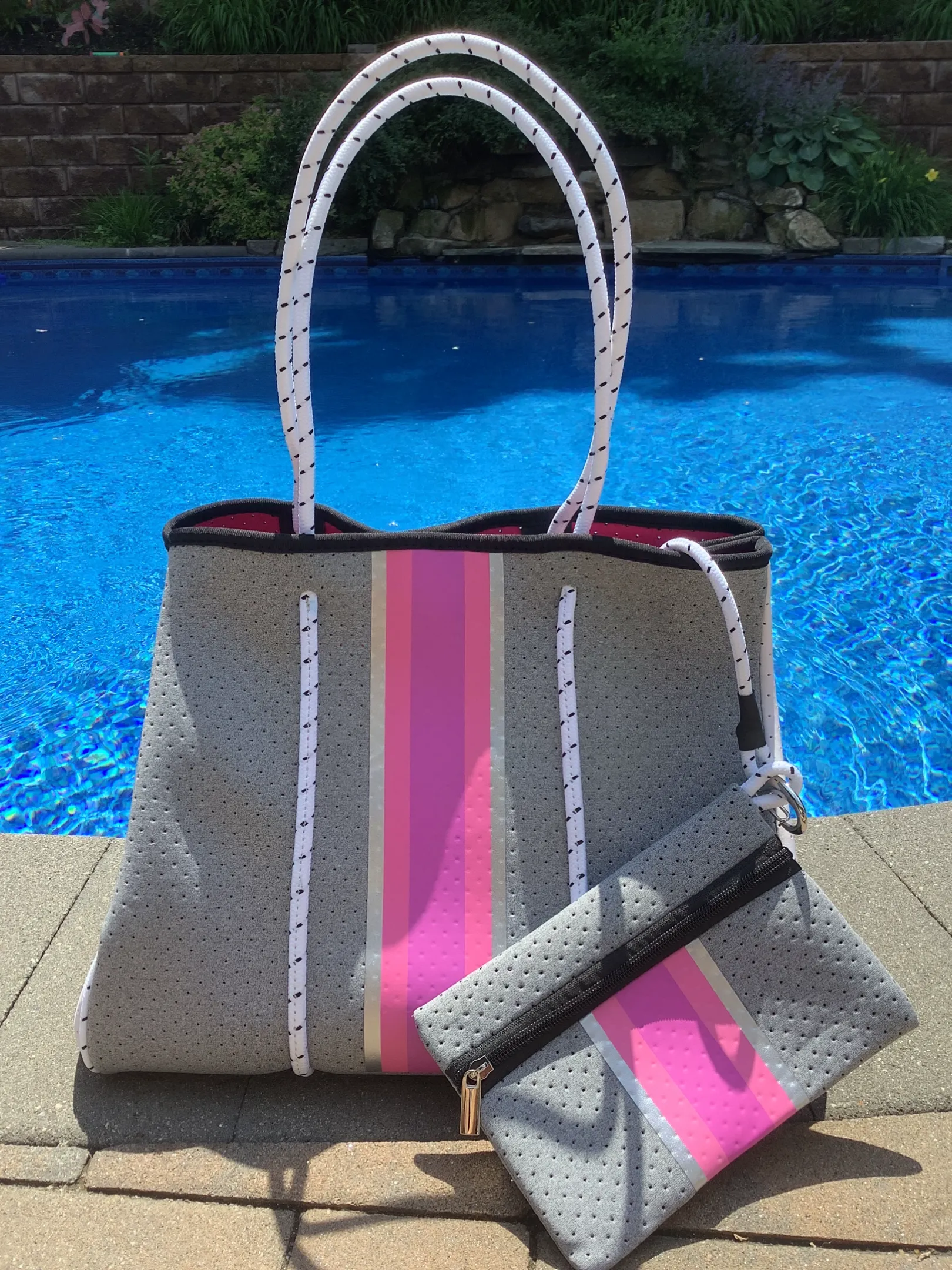 Grey & White with Pink Stripe Neoprene Tote bag