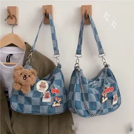 INS JAPANESE DENIM PLAID RETRO SHOULDER BAG BY90112