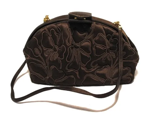 Judith Leiber Brown Silk Embroidered Vintage Pouchette