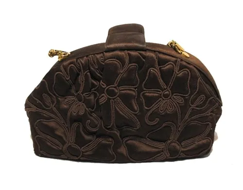 Judith Leiber Brown Silk Embroidered Vintage Pouchette