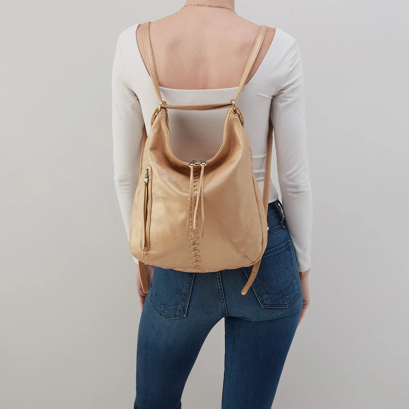 Merrin Convertible Backpack In Pebbled Metallic Leather - Dusty Gold