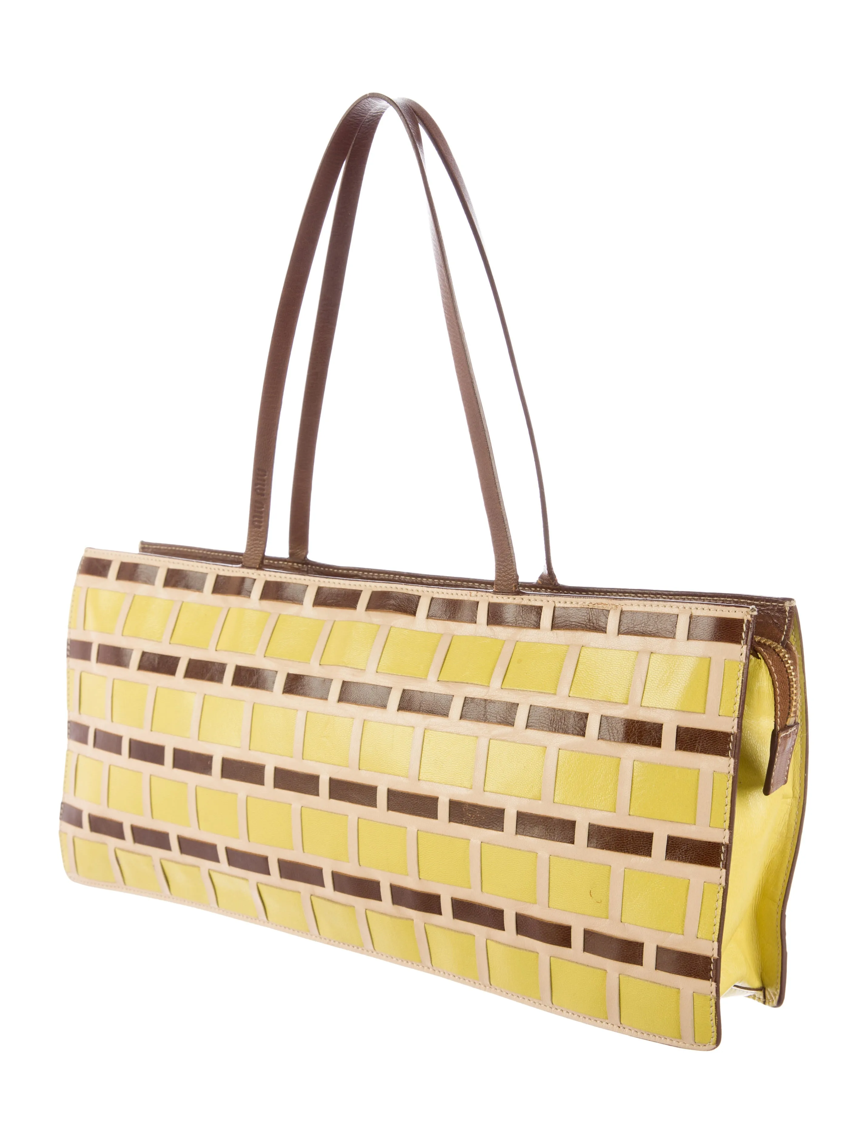 MIU MIU YELLOW AND BROWN WOVEN LEATHER BAG 1990S