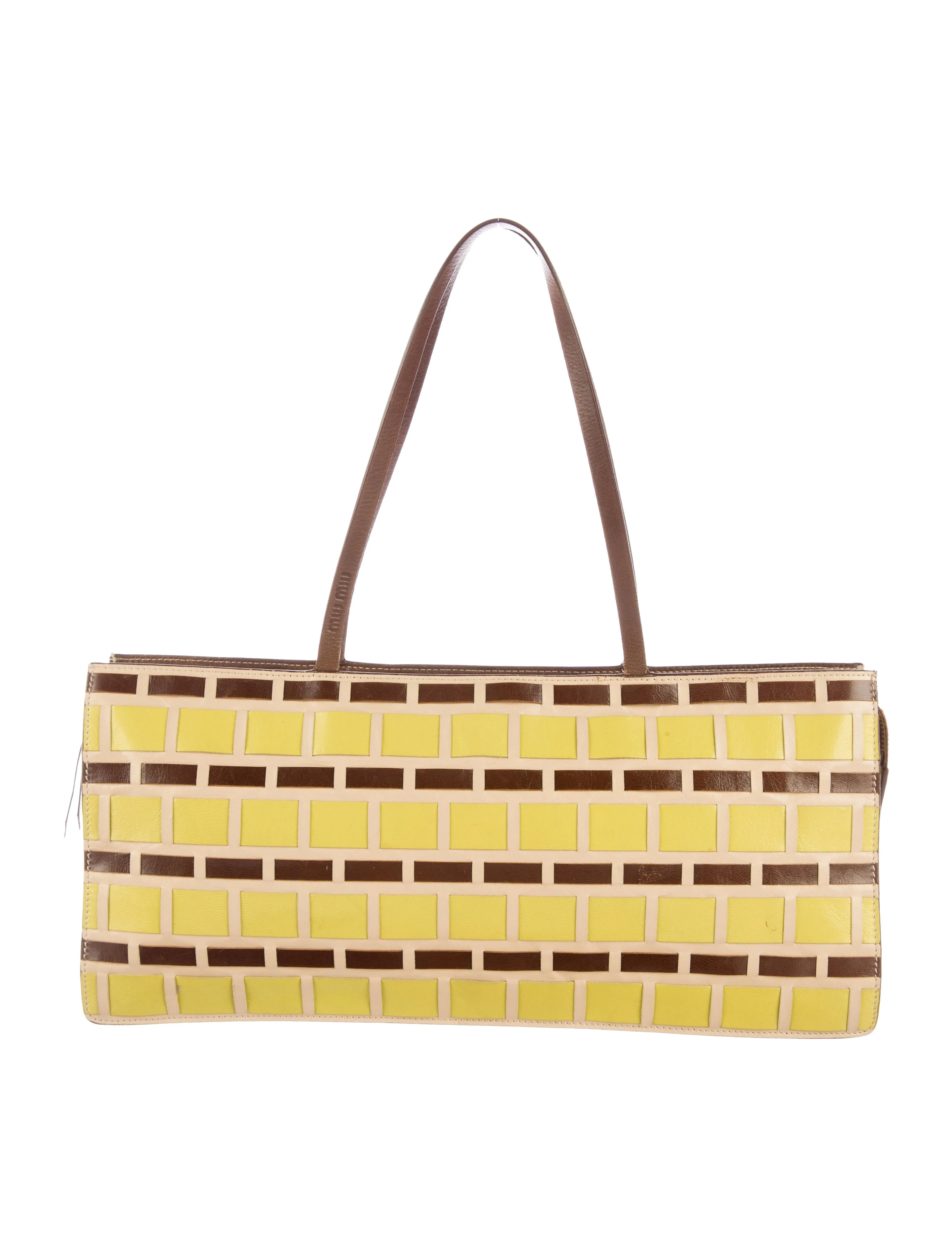 MIU MIU YELLOW AND BROWN WOVEN LEATHER BAG 1990S