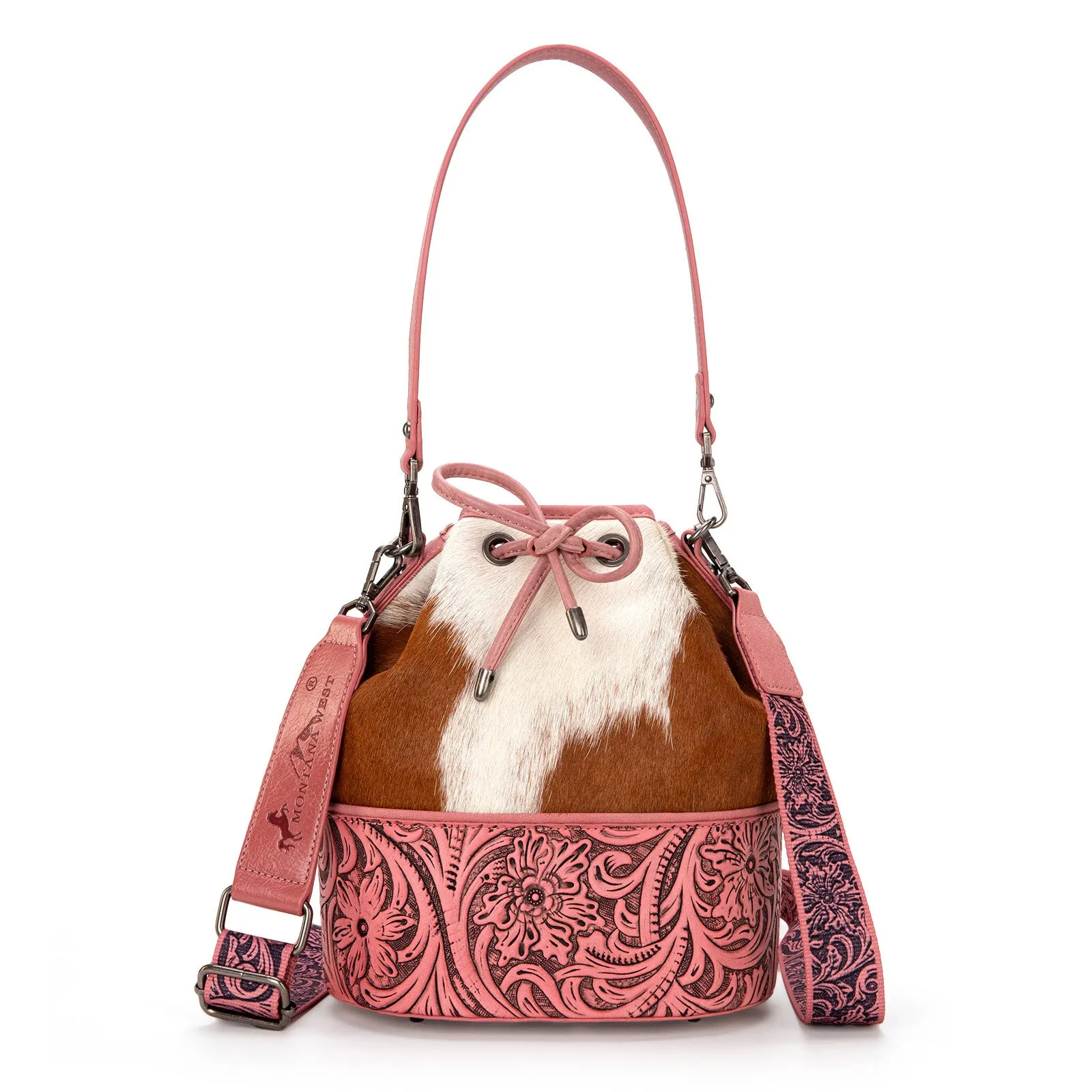 MW1275-8360 Montana West Cowhide Tooled Bucket Shoulder/Crossbody Bag-Pink