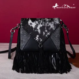 MWR-064 Montana West Genuine Leather Hair-On Cowhide Fringe Bohemian Crossbody - Black