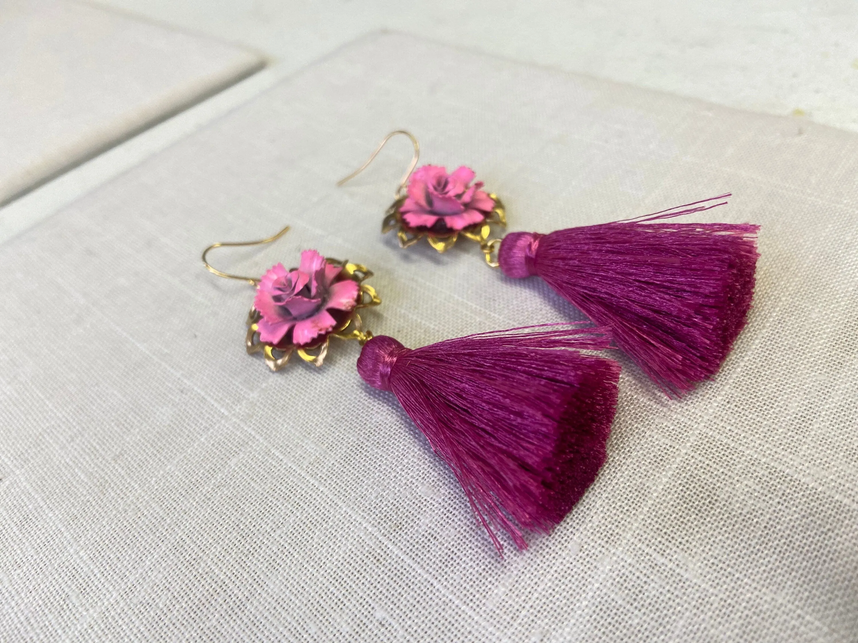 Pink Rose Tassel Earrings