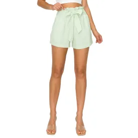 Self Tie Waist Paperbag Linen Shorts - Light Green