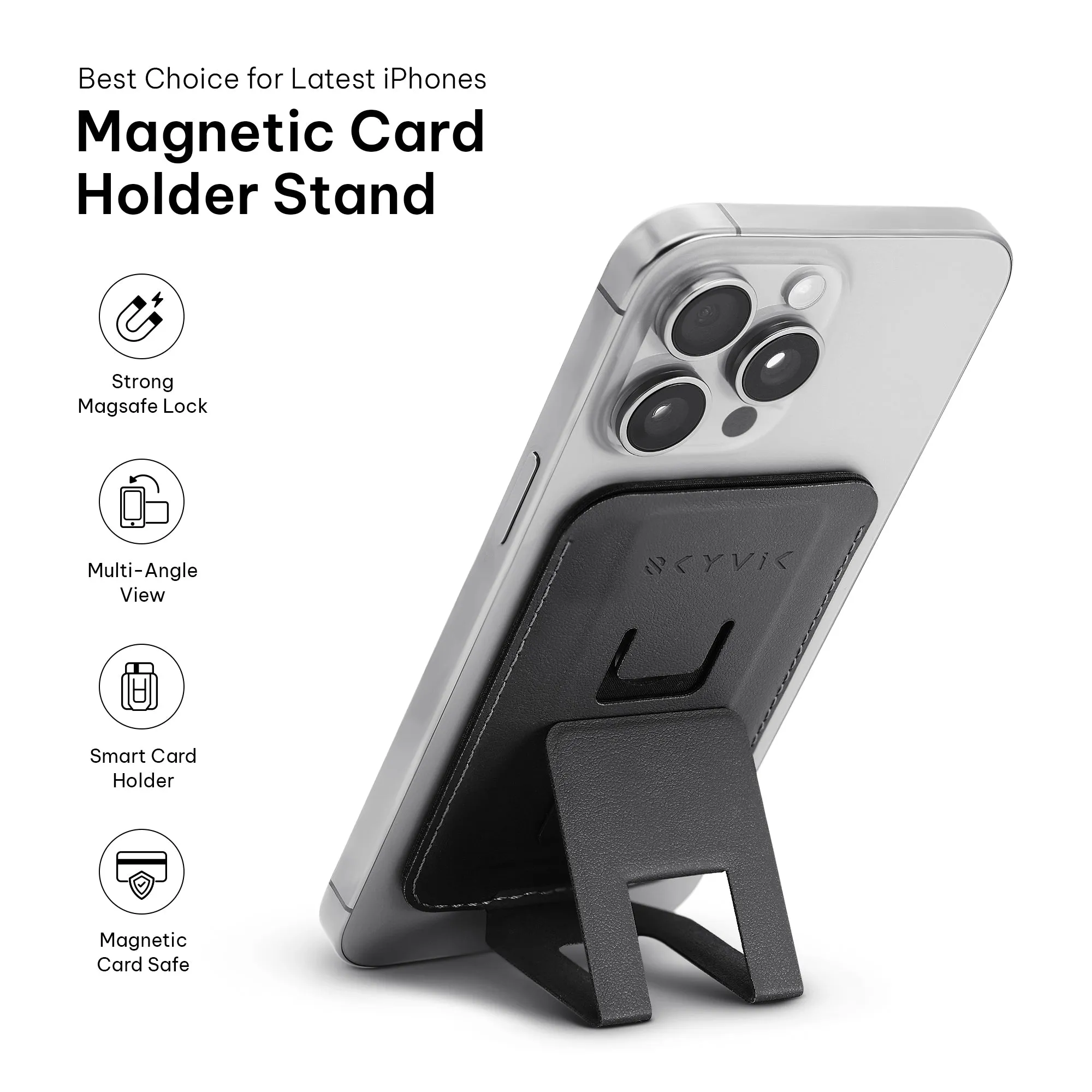 SKYVIK Leather Wallet Stand(MagTap) Compatible with Magsafe Card Holder for iPhone 15/14/13/12 Series-Black