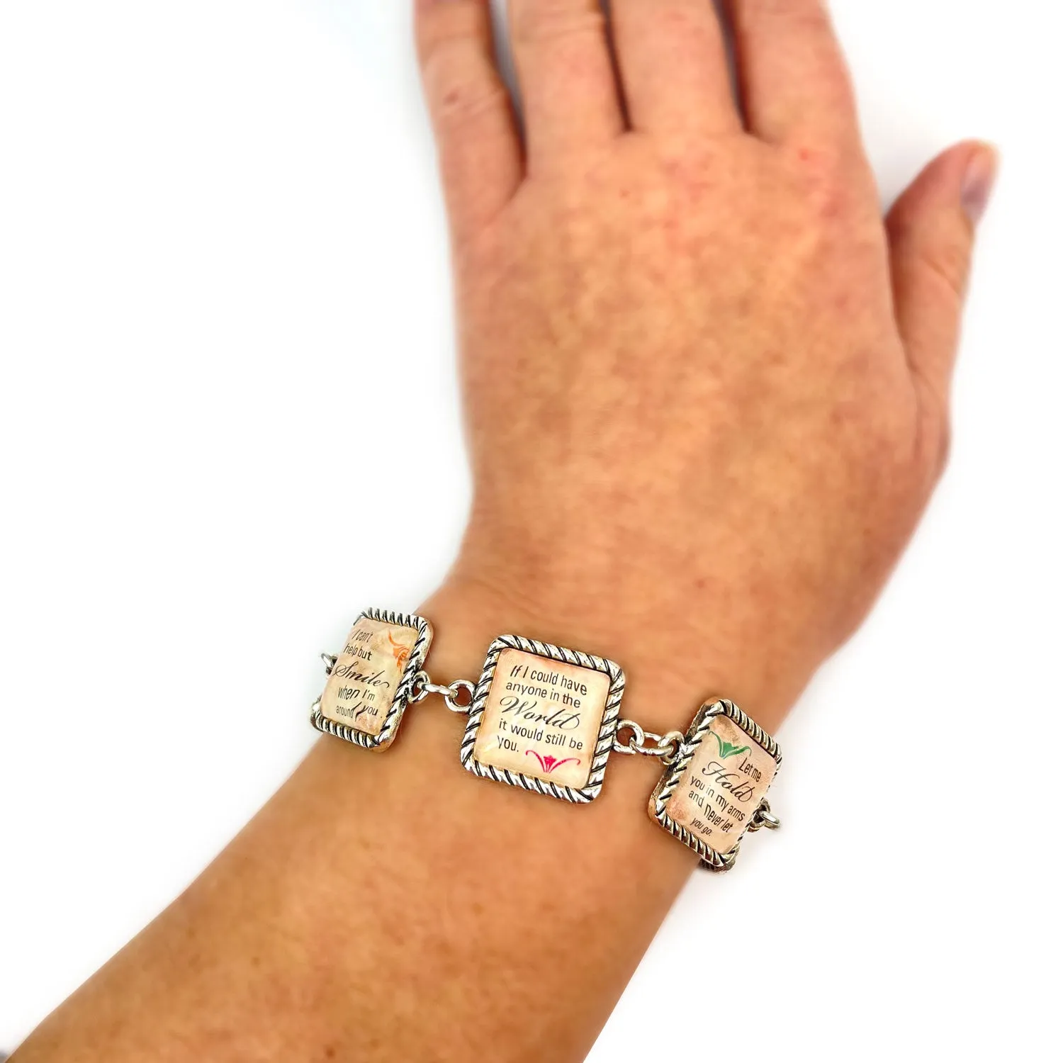 To the Woman I Love – Personalized Charm Bracelet, Square Antique Silver Twist Edge Design