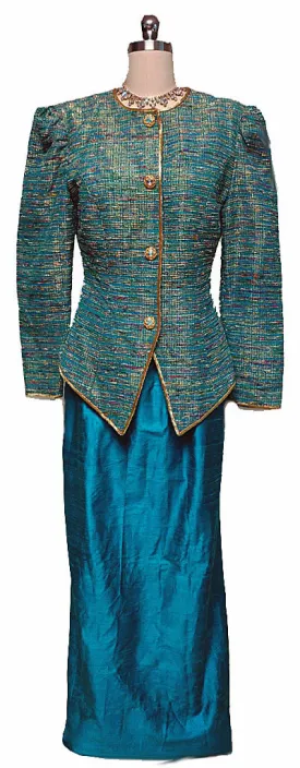 VINTAGE '80S TEAL & METALLIC GOLD SLUBBED EVENING JACKET WITH SILK DUPIONI SKIRT